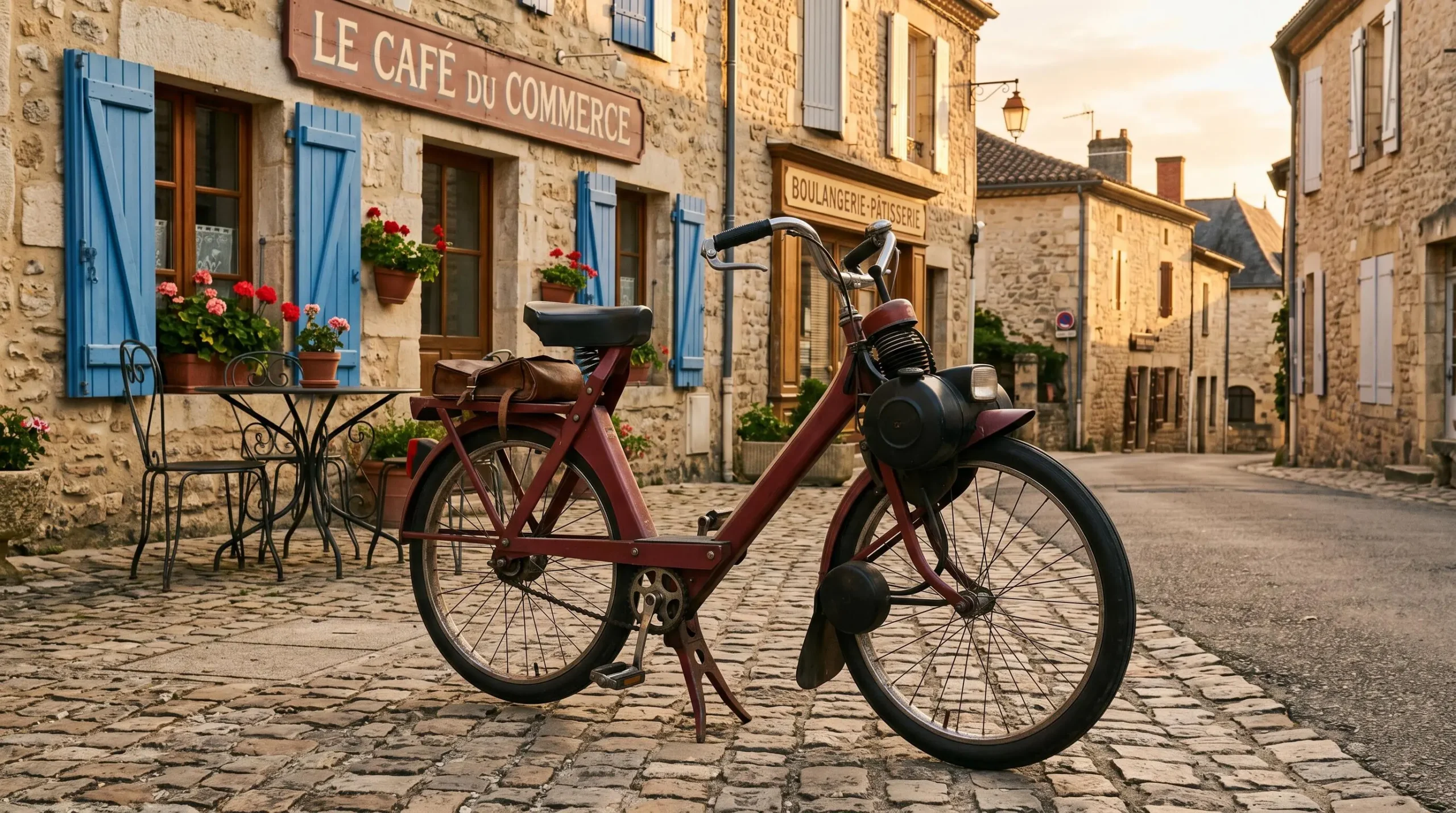 Solex des années 1960-70 au cadre bleu garé sur une place de village français, montrant la béquille centrale, le porte-bagages et le réservoir caractéristiques de cette période
